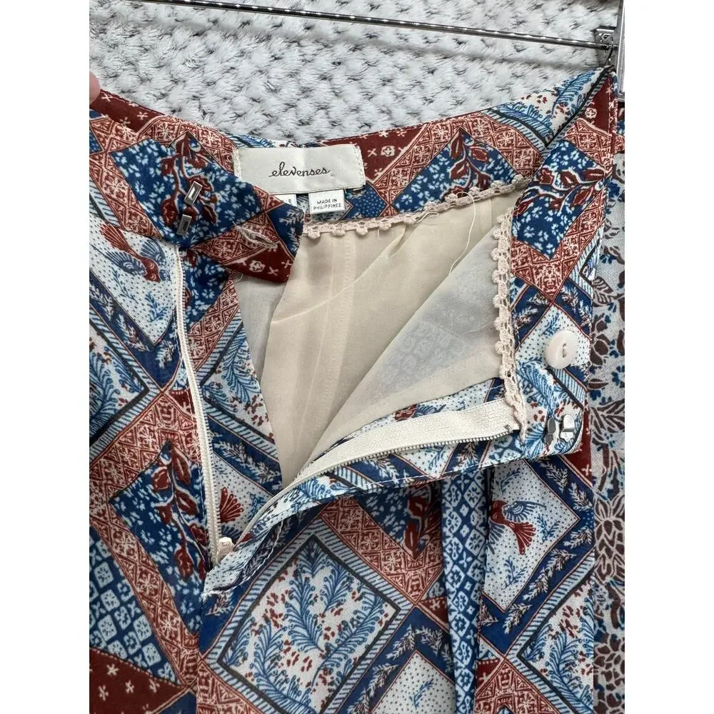 Elevenses Beach Boho Pants Women 8 Blue Patch Floral Wide Leg